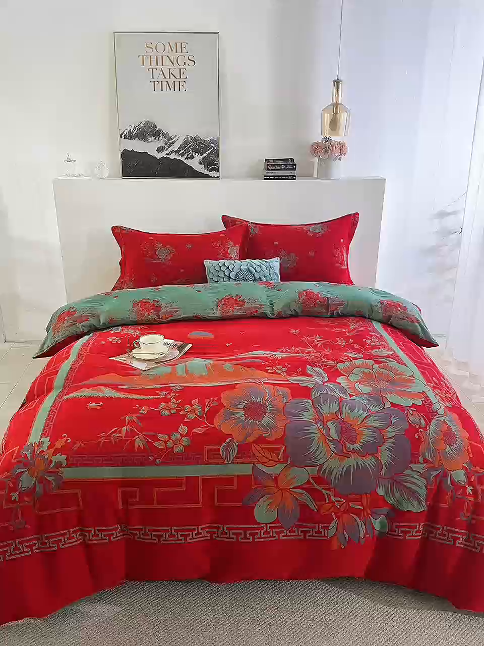 91家纺网 家纺一手货源 找家纺 鲁爱 2025新款大版色织提花全棉双层纱四件套 西厢记-红