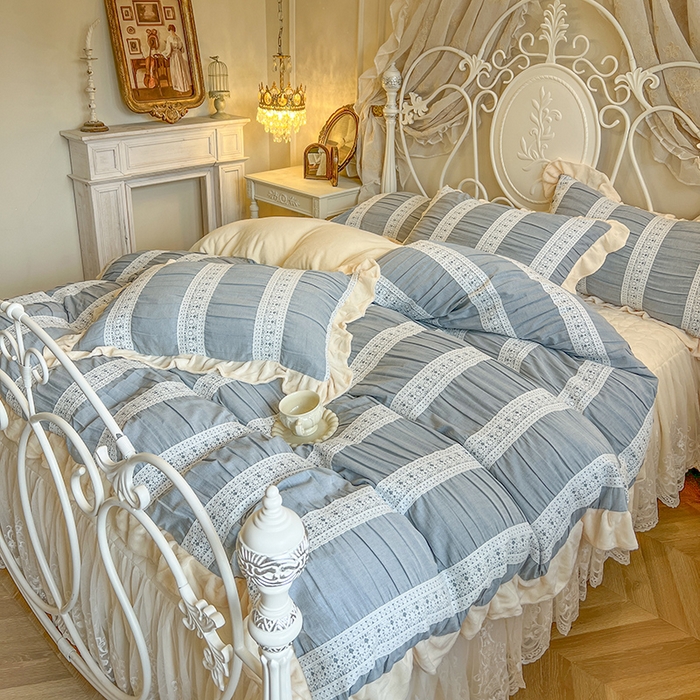 91家纺网 家纺一手货源 找家纺 网红馆（ck家纺） 2025新款色织提花牛奶绒床裙四件套-洛丽塔系列 洛丽塔-蓝色