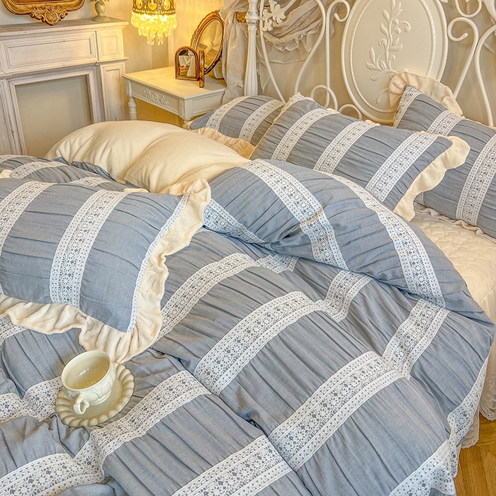 91家纺网 家纺一手货源 找家纺 网红馆（ck家纺） 2025新款色织提花牛奶绒床裙四件套-洛丽塔系列 洛丽塔-蓝色