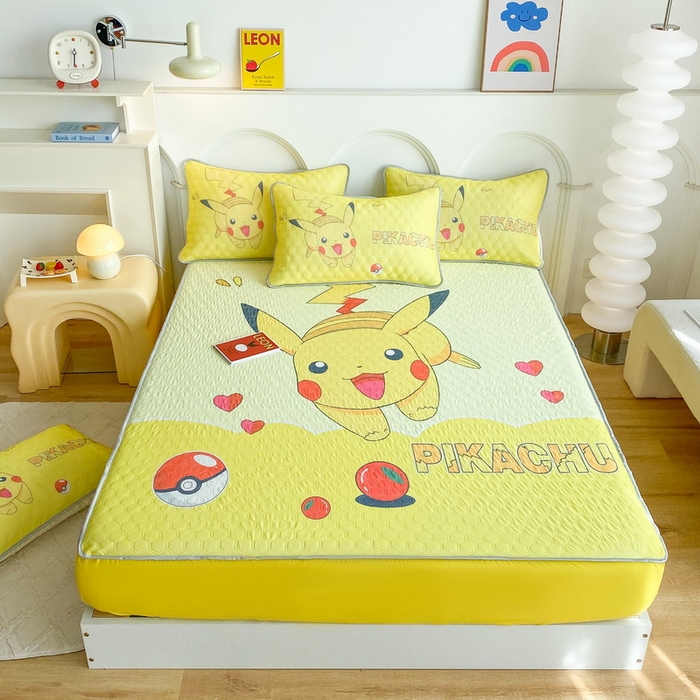 91家纺网 家纺一手货源 找家纺 一电 2025新款牛奶丝凉席床笠可水洗凉感丝凉席学生宿舍单人裸睡空调席-系列二 奔跑皮卡丘