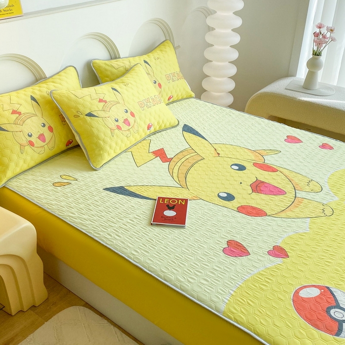 91家纺网 家纺一手货源 找家纺 一电 2025新款牛奶丝凉席床笠可水洗凉感丝凉席学生宿舍单人裸睡空调席-系列二 奔跑皮卡丘