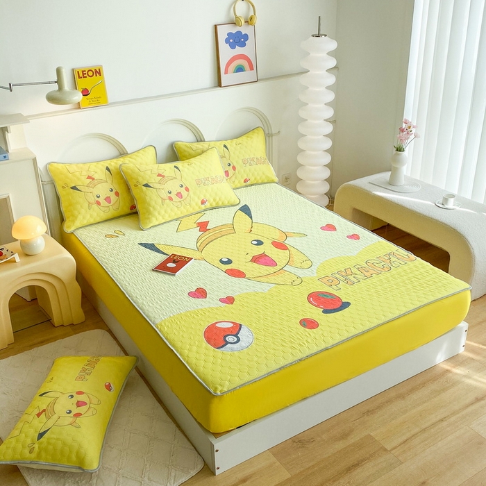 91家纺网 家纺一手货源 找家纺 一电 2025新款牛奶丝凉席床笠可水洗凉感丝凉席学生宿舍单人裸睡空调席-系列二 奔跑皮卡丘