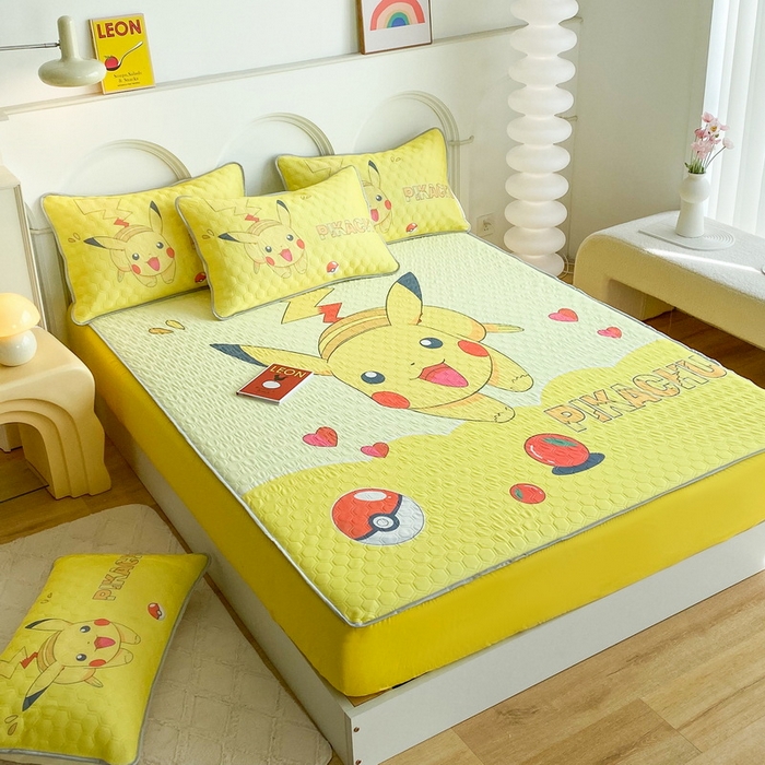 91家纺网 家纺一手货源 找家纺 一电 2025新款牛奶丝凉席床笠可水洗凉感丝凉席学生宿舍单人裸睡空调席-系列二 奔跑皮卡丘