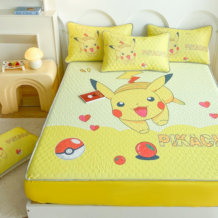 91家纺网 家纺一手货源 找家纺 一电 2025新款牛奶丝凉席床笠可水洗凉感丝凉席学生宿舍单人裸睡空调席-系列二 奔跑皮卡丘