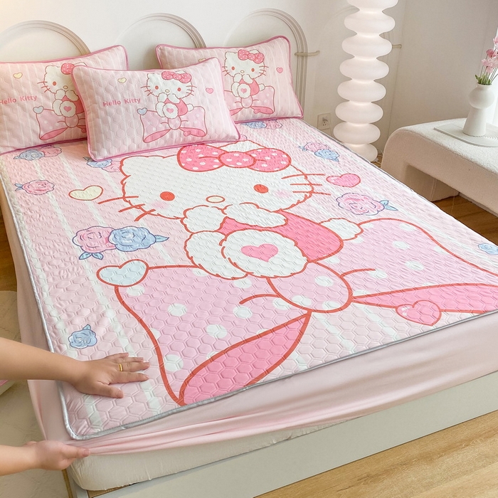 91家纺网 家纺一手货源 找家纺 一电 2025新款牛奶丝凉席床笠可水洗凉感丝凉席学生宿舍单人裸睡空调席-系列二 害羞KT