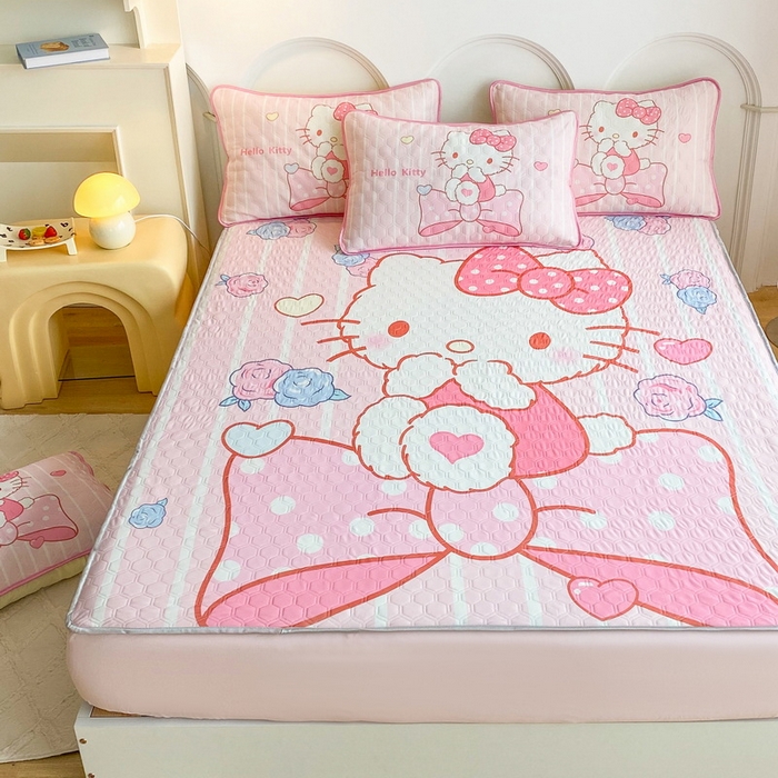 91家纺网 家纺一手货源 找家纺 一电 2025新款牛奶丝凉席床笠可水洗凉感丝凉席学生宿舍单人裸睡空调席-系列二 害羞KT