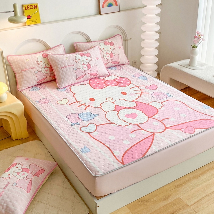 91家纺网 家纺一手货源 找家纺 一电 2025新款牛奶丝凉席床笠可水洗凉感丝凉席学生宿舍单人裸睡空调席-系列二 害羞KT