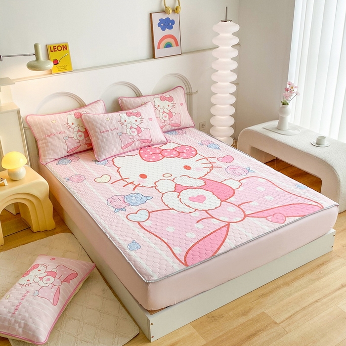 91家纺网 家纺一手货源 找家纺 一电 2025新款牛奶丝凉席床笠可水洗凉感丝凉席学生宿舍单人裸睡空调席-系列二 害羞KT