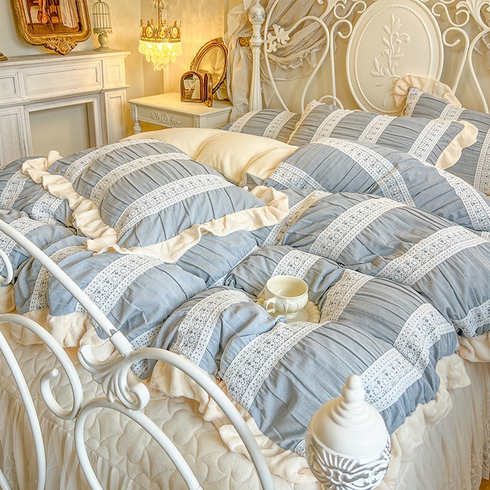 91家纺网 家纺一手货源 找家纺 网红馆（ck家纺） 2025新款色织提花牛奶绒床裙四件套-洛丽塔系列 洛丽塔-蓝色