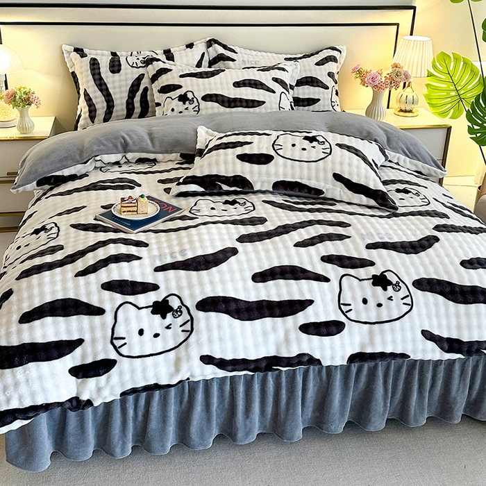 91家纺网 家纺一手货源 找家纺 富缦庭 2025新款泡泡牛奶绒床盖款四件套 可爱小猫