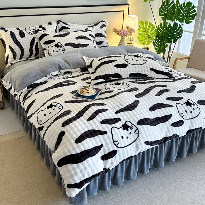 富缦庭 2025新款泡泡牛奶绒床盖款四件套 可爱小猫