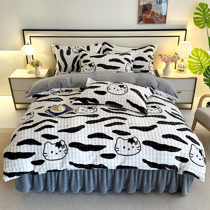 91家纺网 家纺一手货源 找家纺 富缦庭 2025新款泡泡牛奶绒床盖款四件套 可爱小猫