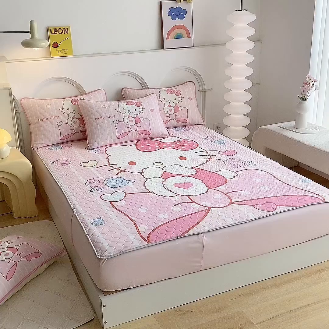 91家纺网 家纺一手货源 找家纺 一电 2025新款牛奶丝凉席床笠可水洗凉感丝凉席学生宿舍单人裸睡空调席-系列二 害羞KT