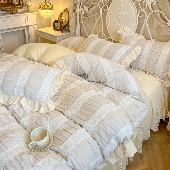 91家纺网 家纺一手货源 找家纺 网红馆（ck家纺） 2025新款色织提花牛奶绒床裙四件套-洛丽塔系列 洛丽塔-米色