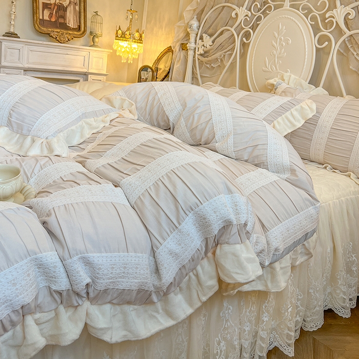 91家纺网 家纺一手货源 找家纺 网红馆（ck家纺） 2025新款色织提花牛奶绒床裙四件套-洛丽塔系列 洛丽塔-米色