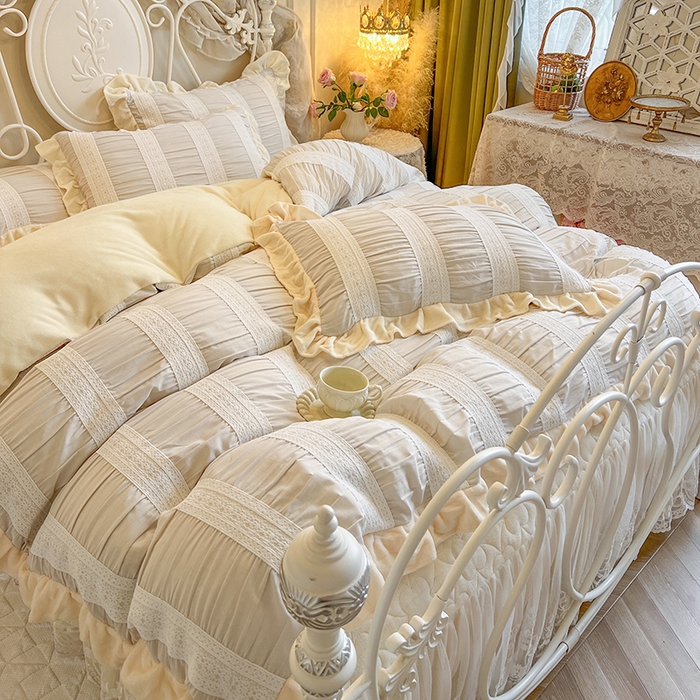 91家纺网 家纺一手货源 找家纺 网红馆（ck家纺） 2025新款色织提花牛奶绒床裙四件套-洛丽塔系列 洛丽塔-米色