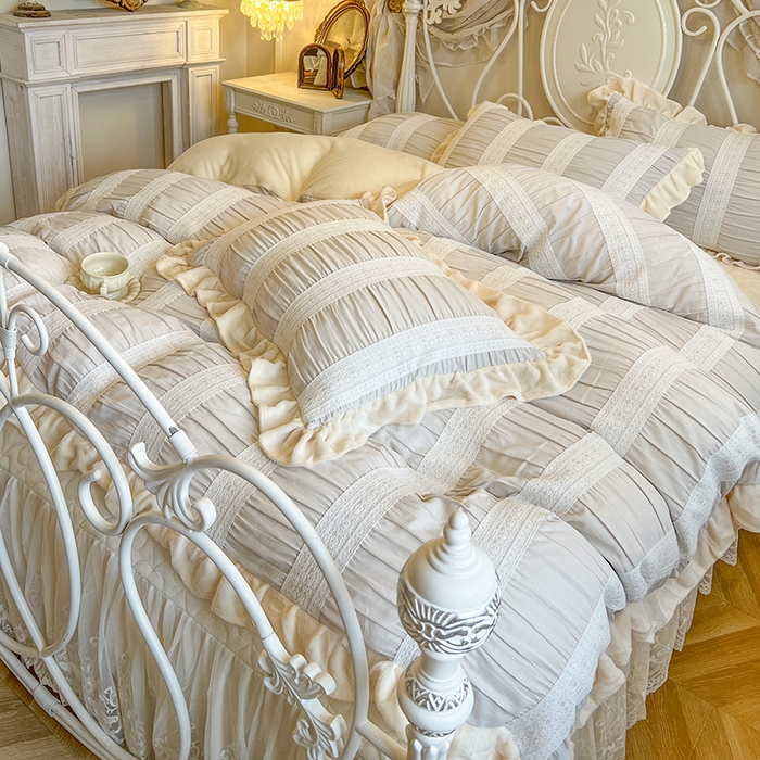 91家纺网 家纺一手货源 找家纺 网红馆（ck家纺） 2025新款色织提花牛奶绒床裙四件套-洛丽塔系列 洛丽塔-米色