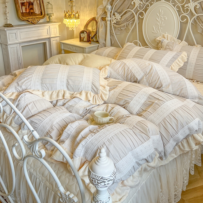 91家纺网 家纺一手货源 找家纺 网红馆（ck家纺） 2025新款色织提花牛奶绒床裙四件套-洛丽塔系列 洛丽塔-米色