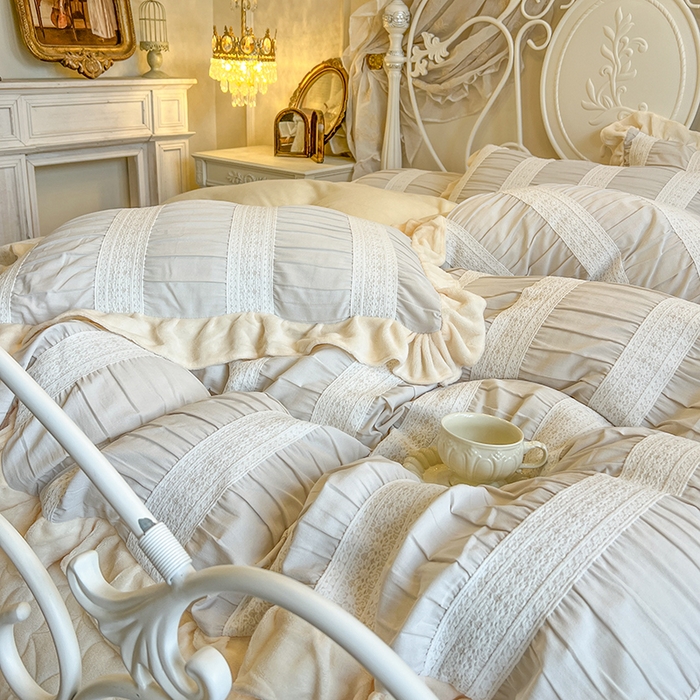 91家纺网 家纺一手货源 找家纺 网红馆（ck家纺） 2025新款色织提花牛奶绒床裙四件套-洛丽塔系列 洛丽塔-米色