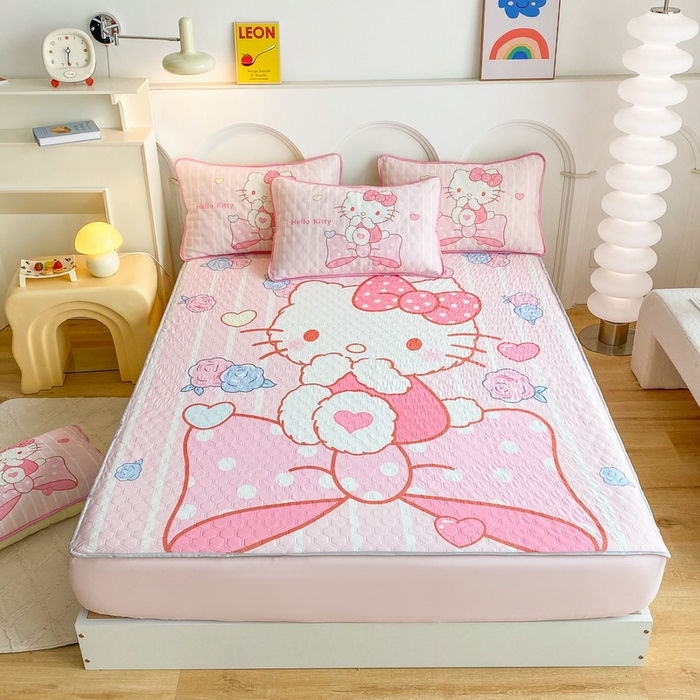 91家纺网 家纺一手货源 找家纺 一电 2025新款牛奶丝凉席床笠可水洗凉感丝凉席学生宿舍单人裸睡空调席-系列二 害羞KT