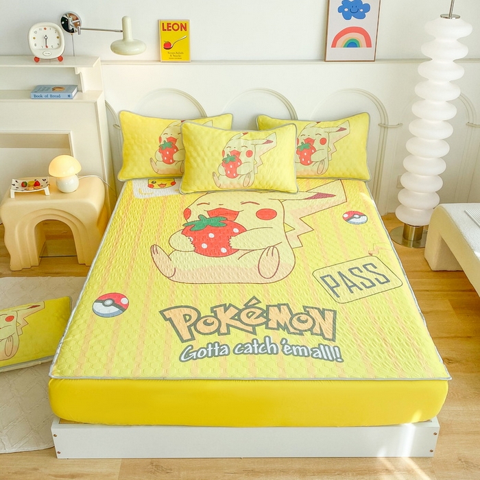 91家纺网 家纺一手货源 找家纺 一电 2025新款牛奶丝凉席床笠可水洗凉感丝凉席学生宿舍单人裸睡空调席-系列二 草莓皮卡丘