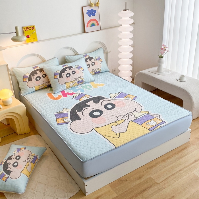 91家纺网 家纺一手货源 找家纺 一电 2025新款牛奶丝凉席床笠可水洗凉感丝凉席学生宿舍单人裸睡空调席-系列二 奶茶小新