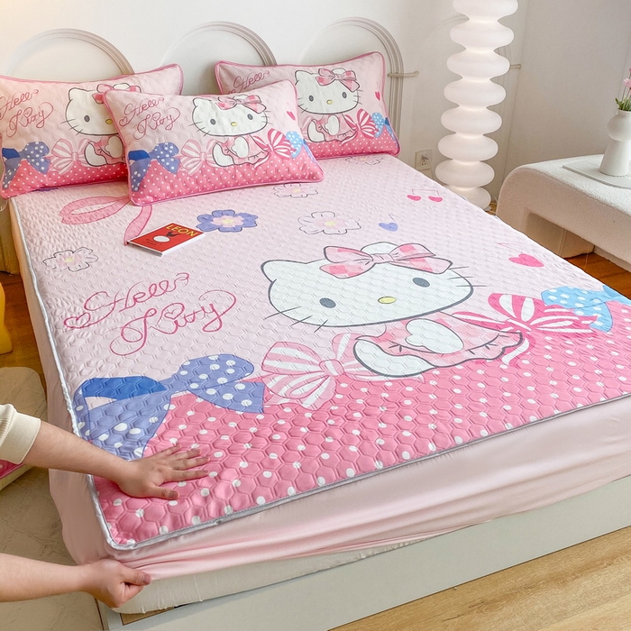 91家纺网 家纺一手货源 找家纺 一电 2025新款牛奶丝凉席床笠可水洗凉感丝凉席学生宿舍单人裸睡空调席-系列二 蝴蝶结KT