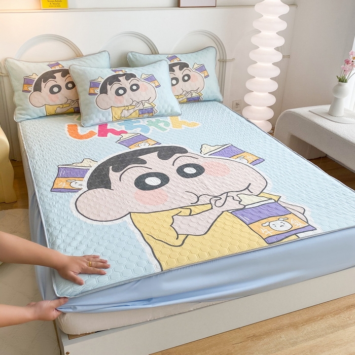 91家纺网 家纺一手货源 找家纺 一电 2025新款牛奶丝凉席床笠可水洗凉感丝凉席学生宿舍单人裸睡空调席-系列二 奶茶小新