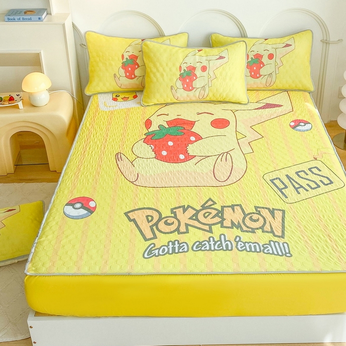 91家纺网 家纺一手货源 找家纺 一电 2025新款牛奶丝凉席床笠可水洗凉感丝凉席学生宿舍单人裸睡空调席-系列二 草莓皮卡丘