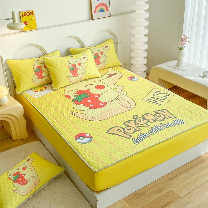 91家纺网 家纺一手货源 找家纺 一电 2025新款牛奶丝凉席床笠可水洗凉感丝凉席学生宿舍单人裸睡空调席-系列二 草莓皮卡丘