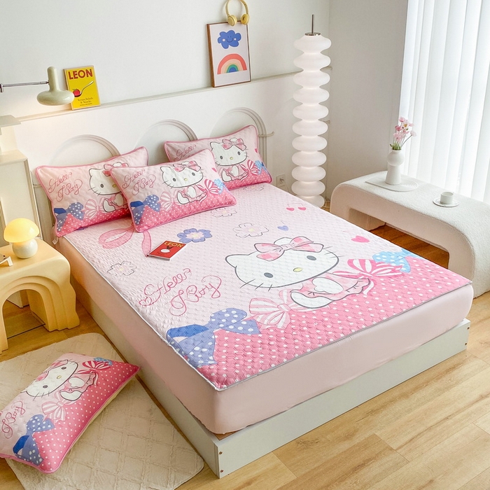 91家纺网 家纺一手货源 找家纺 一电 2025新款牛奶丝凉席床笠可水洗凉感丝凉席学生宿舍单人裸睡空调席-系列二 蝴蝶结KT