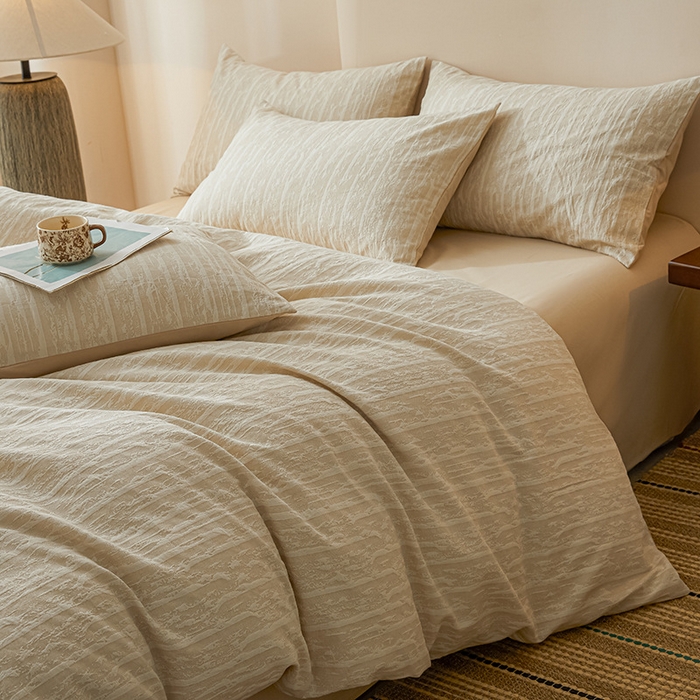 91家纺网 家纺一手货源 找家纺 良品汇馆 2025【纯棉提花三层纱四件套】纯棉磨毛套件民宿床品套件床单 悠痕-卡其