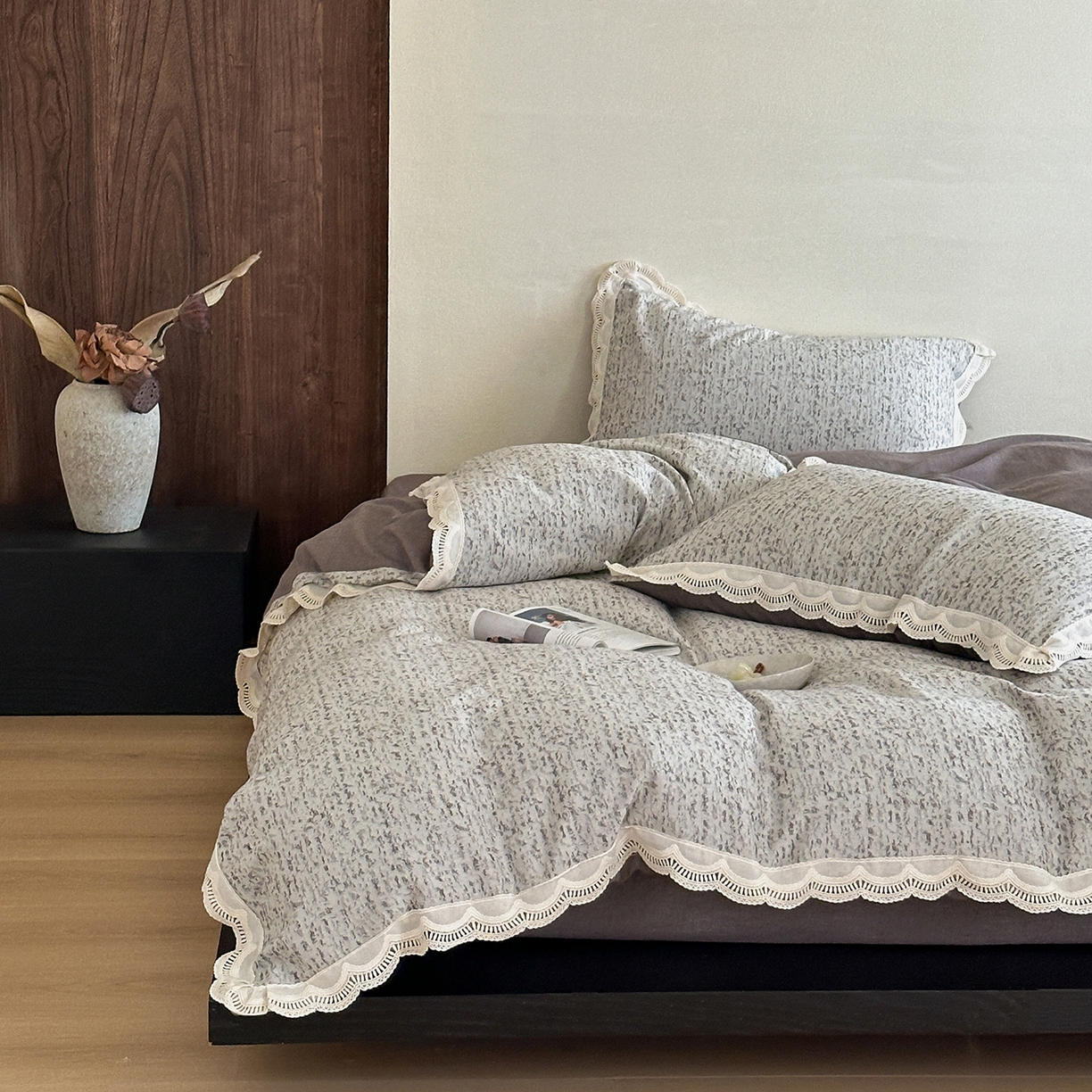 91家纺网 家纺一手货源 找家纺 月夏 2025新款全棉色织四件套-星空点点系列 星空点点-灰色