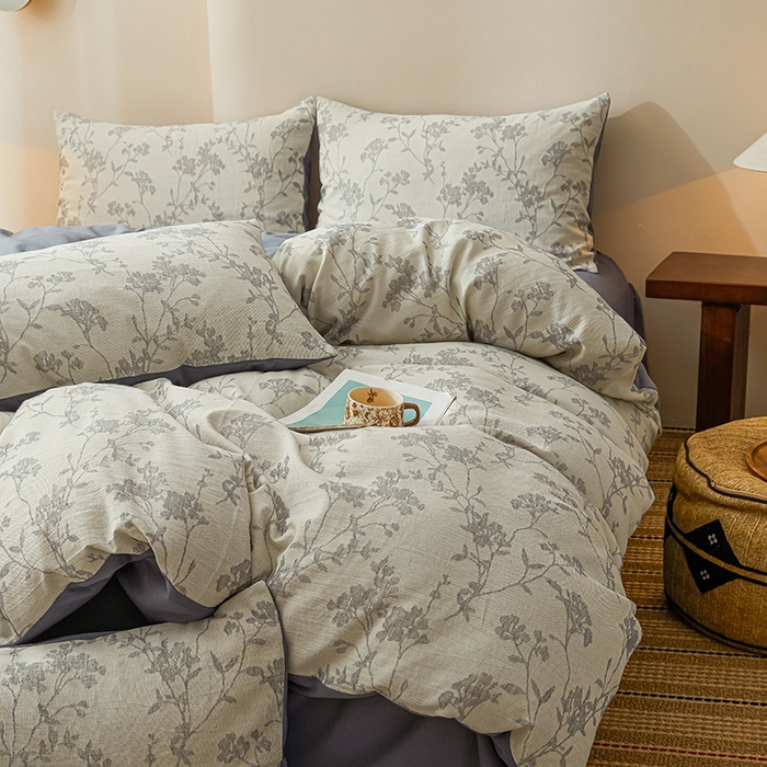 91家纺网 家纺一手货源 找家纺 良品汇馆 2025【纯棉提花三层纱四件套】纯棉磨毛套件民宿床品套件床单 花楹-雾蓝