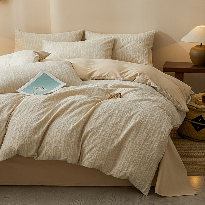 91家纺网 家纺一手货源 找家纺 良品汇馆 2025【纯棉提花三层纱四件套】纯棉磨毛套件民宿床品套件床单 悠痕-卡其