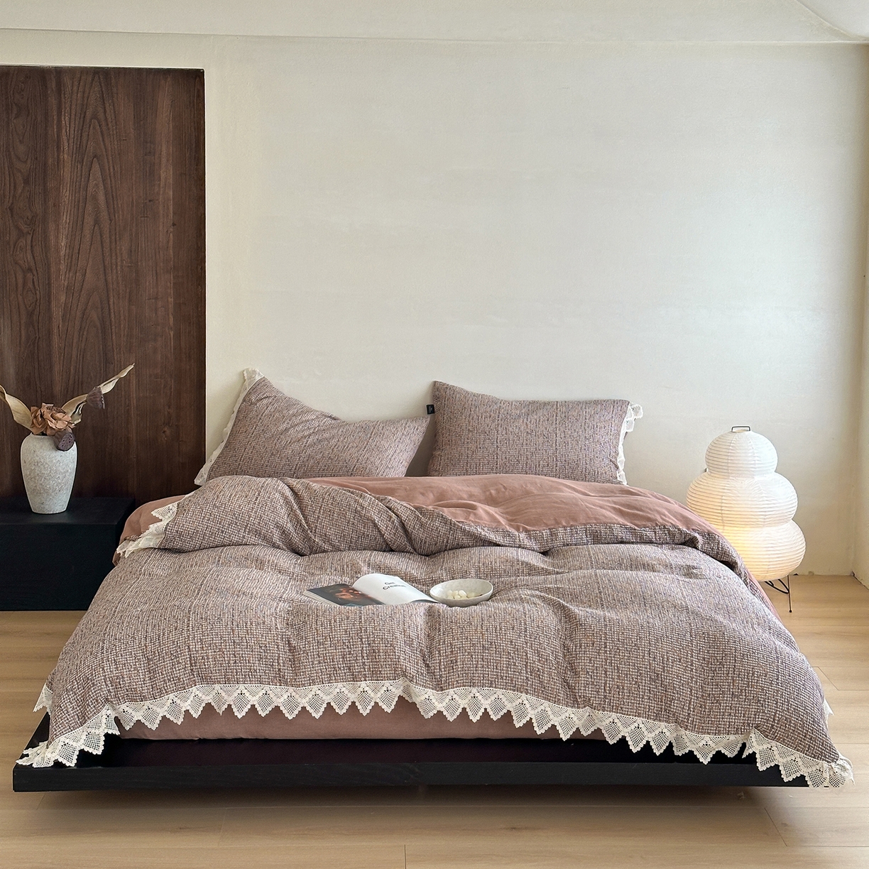 91家纺网 家纺一手货源 找家纺 月夏 2025新款全棉色织华夫格四件套 红咖