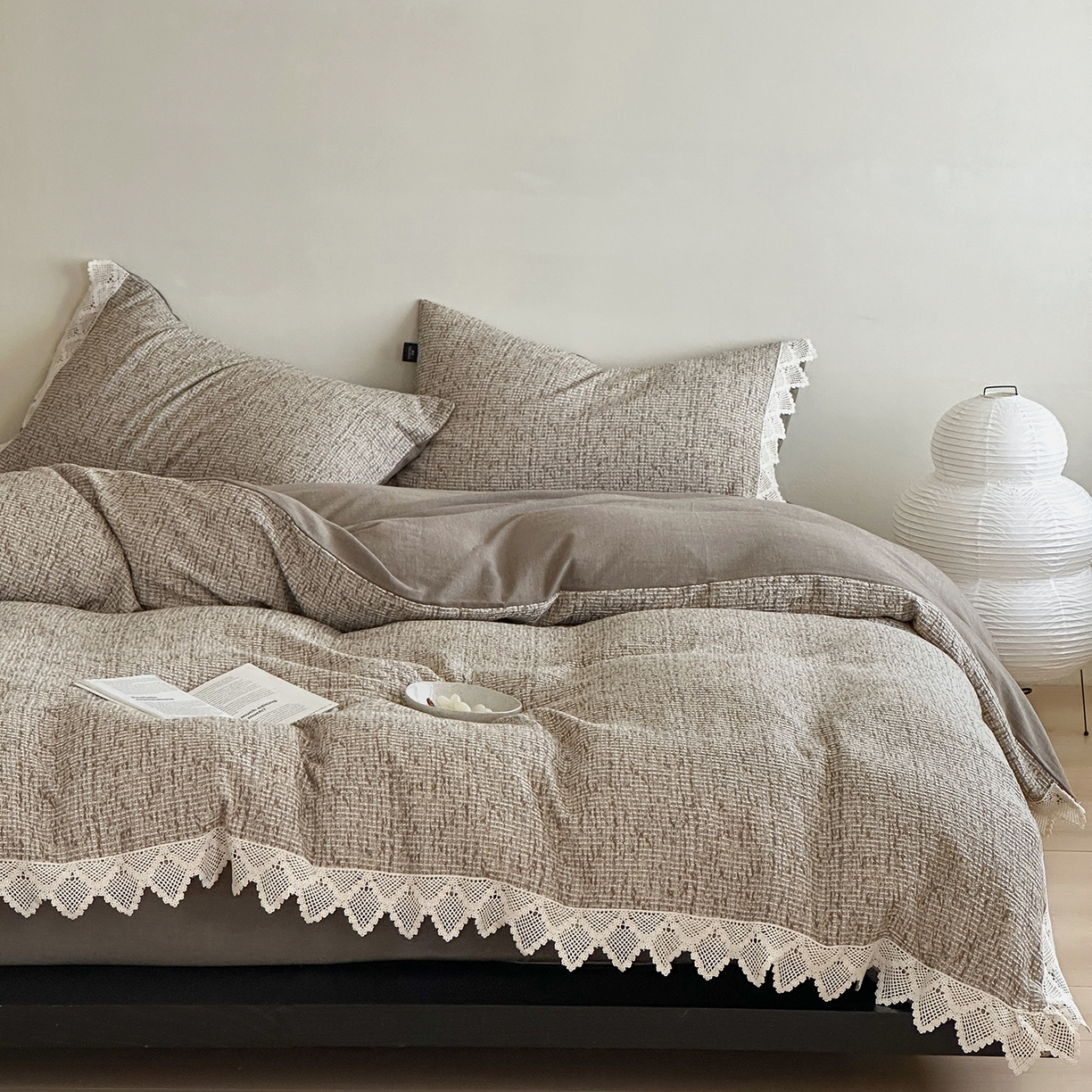 91家纺网 家纺一手货源 找家纺 月夏 2025新款全棉色织华夫格四件套 咖色