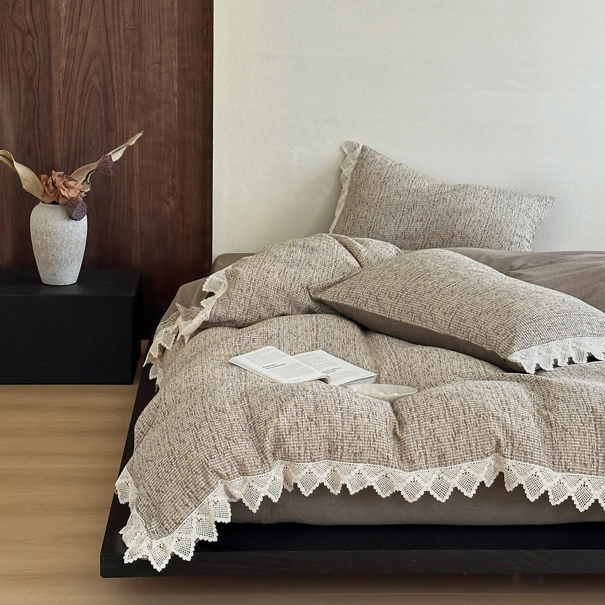 91家纺网 家纺一手货源 找家纺 月夏 2025新款全棉色织华夫格四件套 咖色