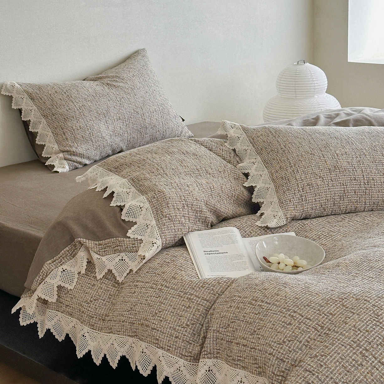 91家纺网 家纺一手货源 找家纺 月夏 2025新款全棉色织华夫格四件套 咖色