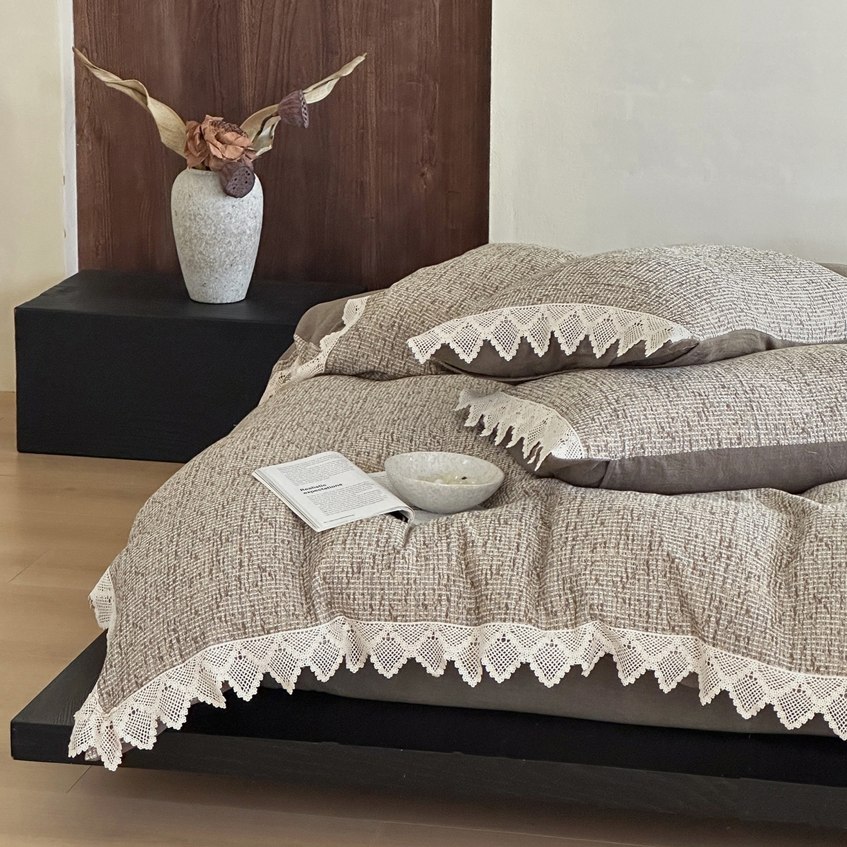 91家纺网 家纺一手货源 找家纺 月夏 2025新款全棉色织华夫格四件套 咖色