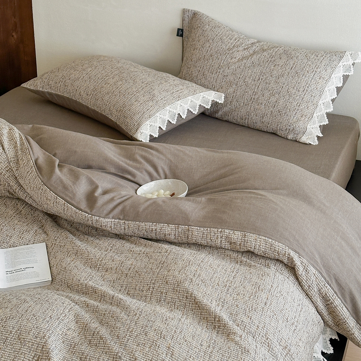 91家纺网 家纺一手货源 找家纺 月夏 2025新款全棉色织华夫格四件套 咖色