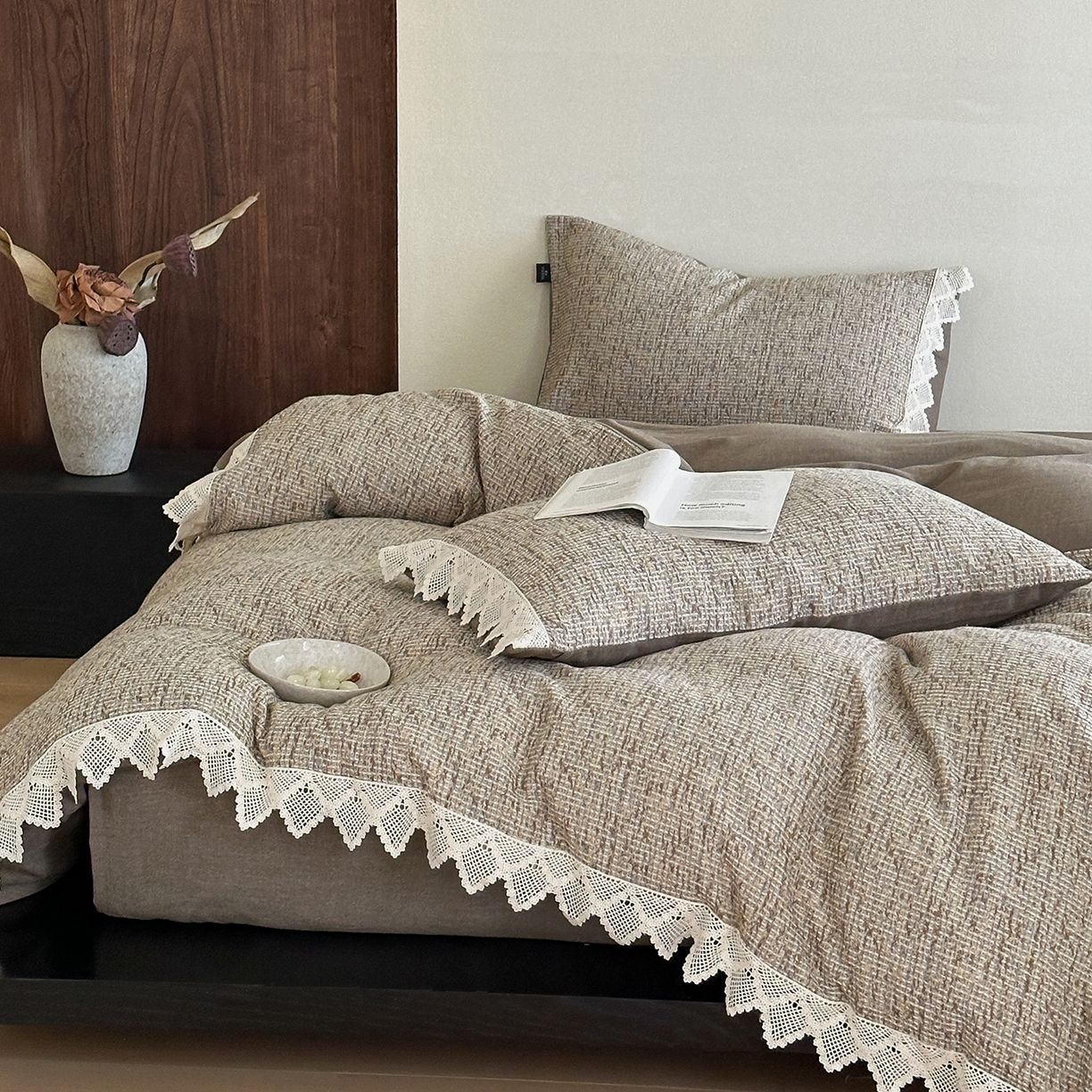 91家纺网 家纺一手货源 找家纺 月夏 2025新款全棉色织华夫格四件套 咖色