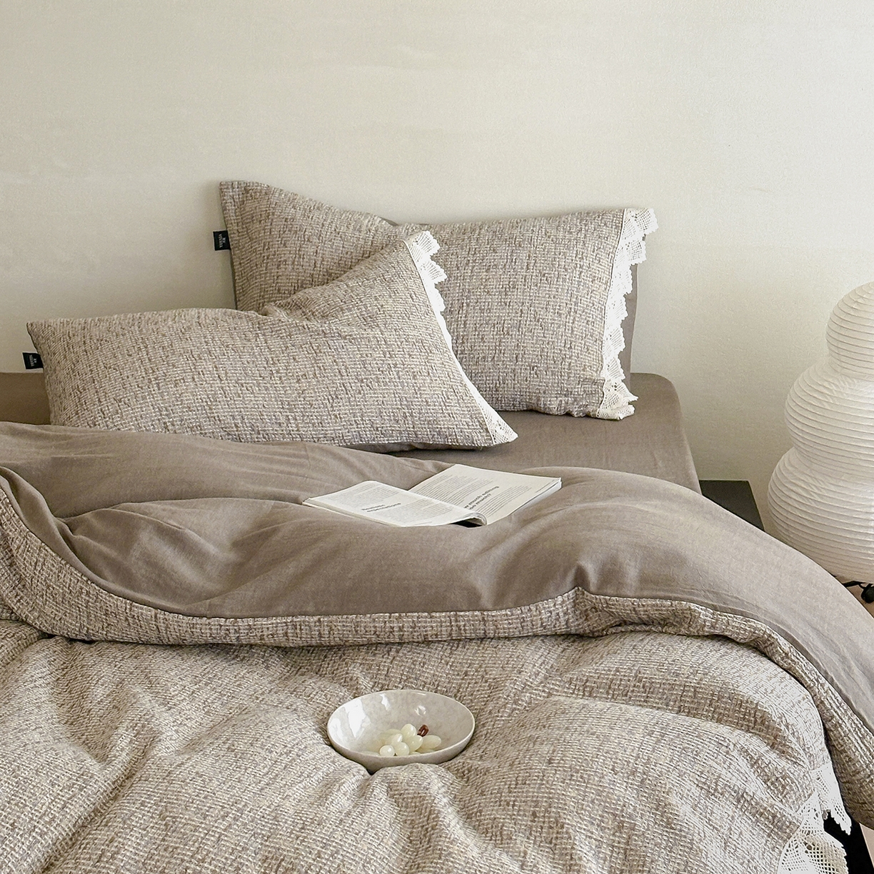 91家纺网 家纺一手货源 找家纺 月夏 2025新款全棉色织华夫格四件套 咖色