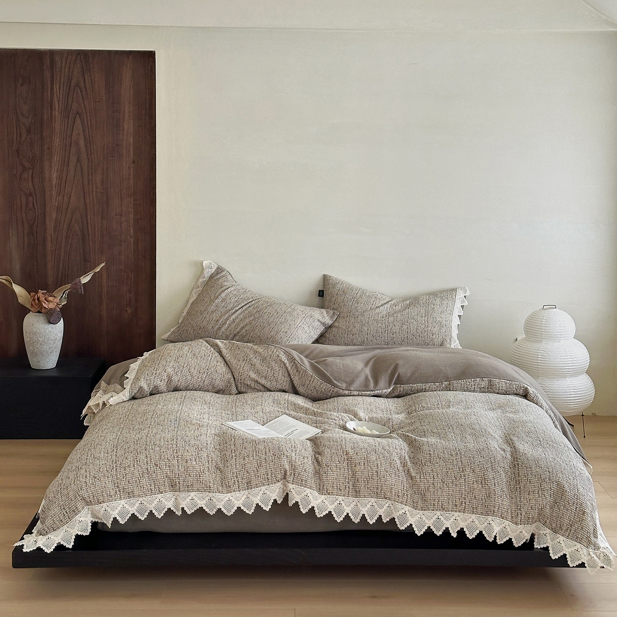 91家纺网 家纺一手货源 找家纺 月夏 2025新款全棉色织华夫格四件套 咖色