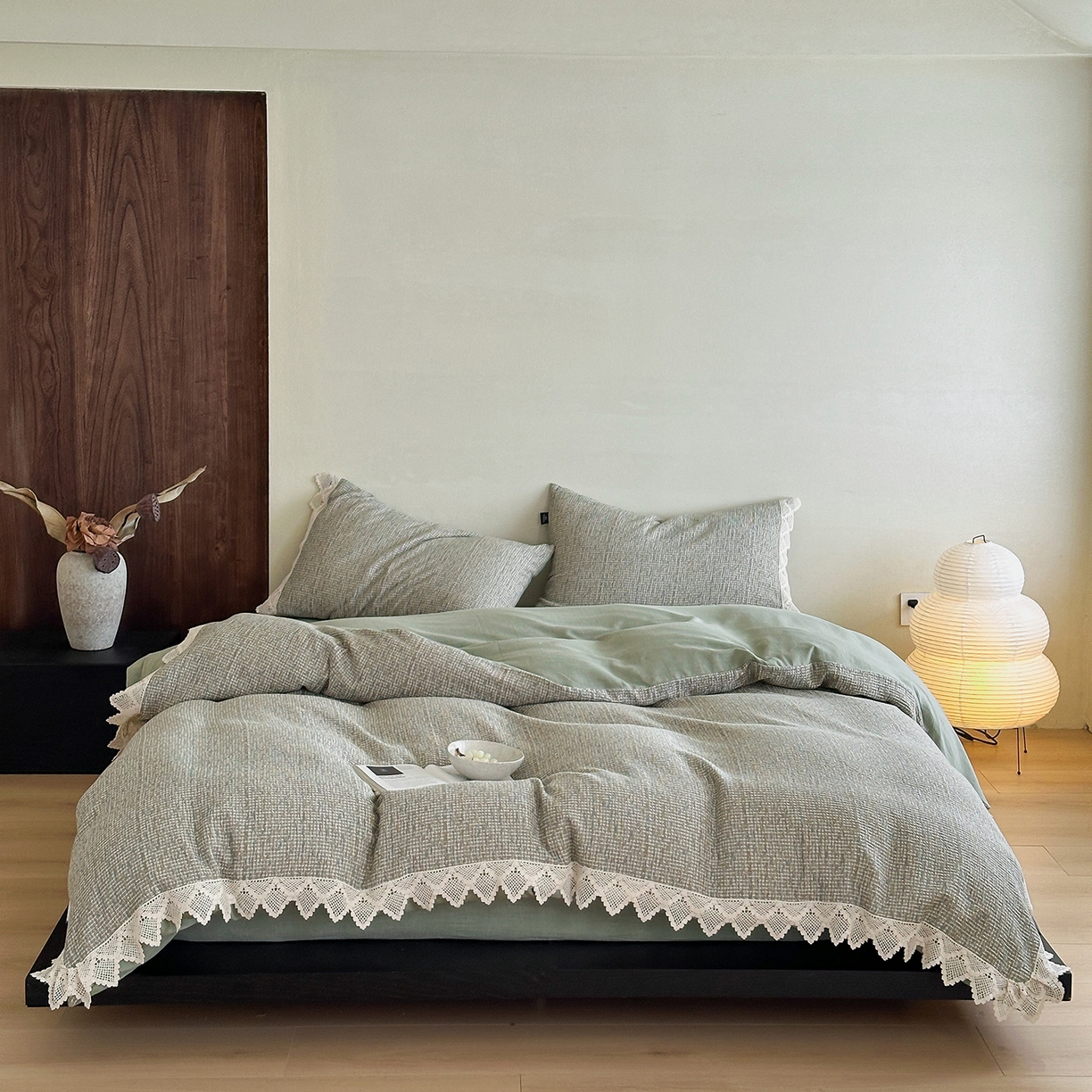 91家纺网 家纺一手货源 找家纺 月夏 2025新款全棉色织华夫格四件套 绿色