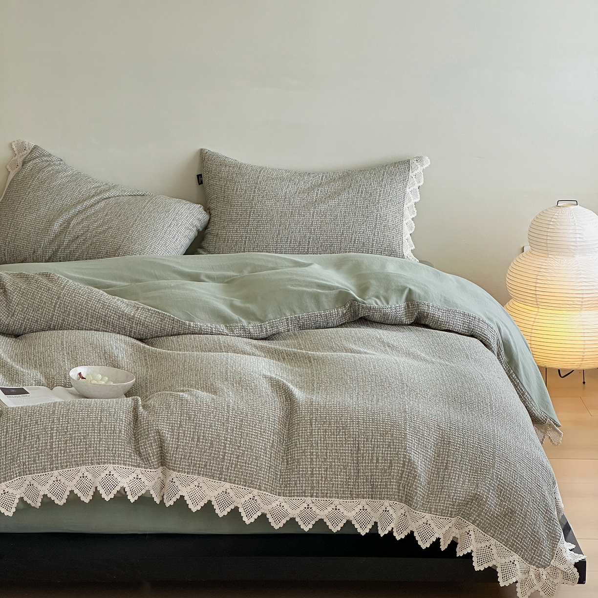 91家纺网 家纺一手货源 找家纺 月夏 2025新款全棉色织华夫格四件套 绿色