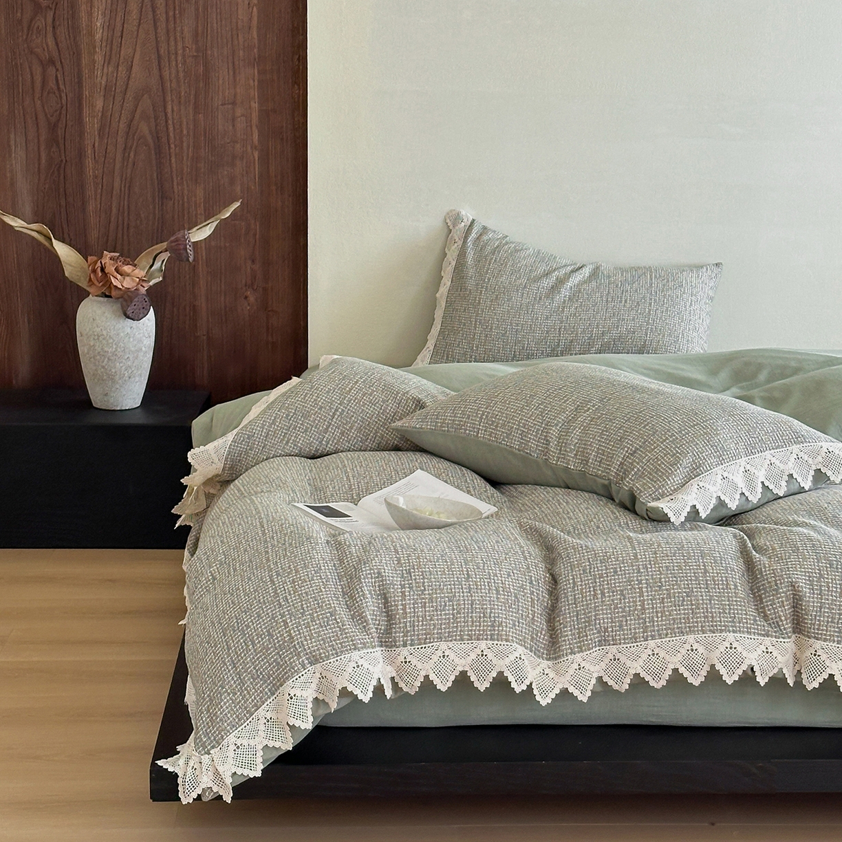 91家纺网 家纺一手货源 找家纺 月夏 2025新款全棉色织华夫格四件套 绿色