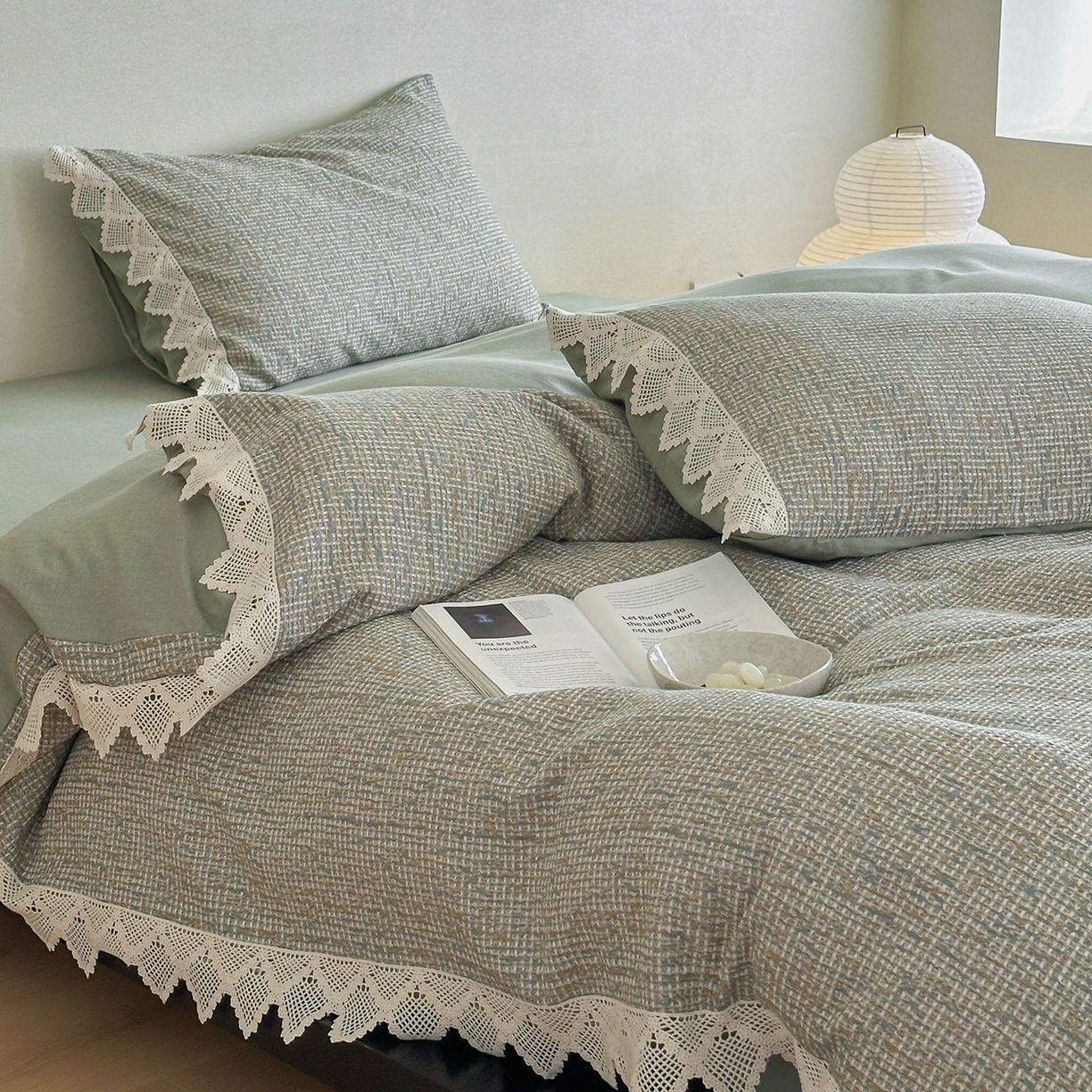 91家纺网 家纺一手货源 找家纺 月夏 2025新款全棉色织华夫格四件套 绿色