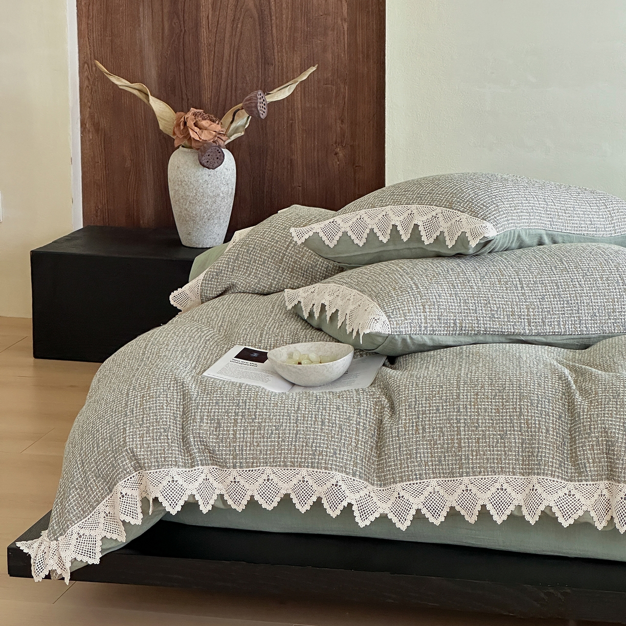 91家纺网 家纺一手货源 找家纺 月夏 2025新款全棉色织华夫格四件套 绿色