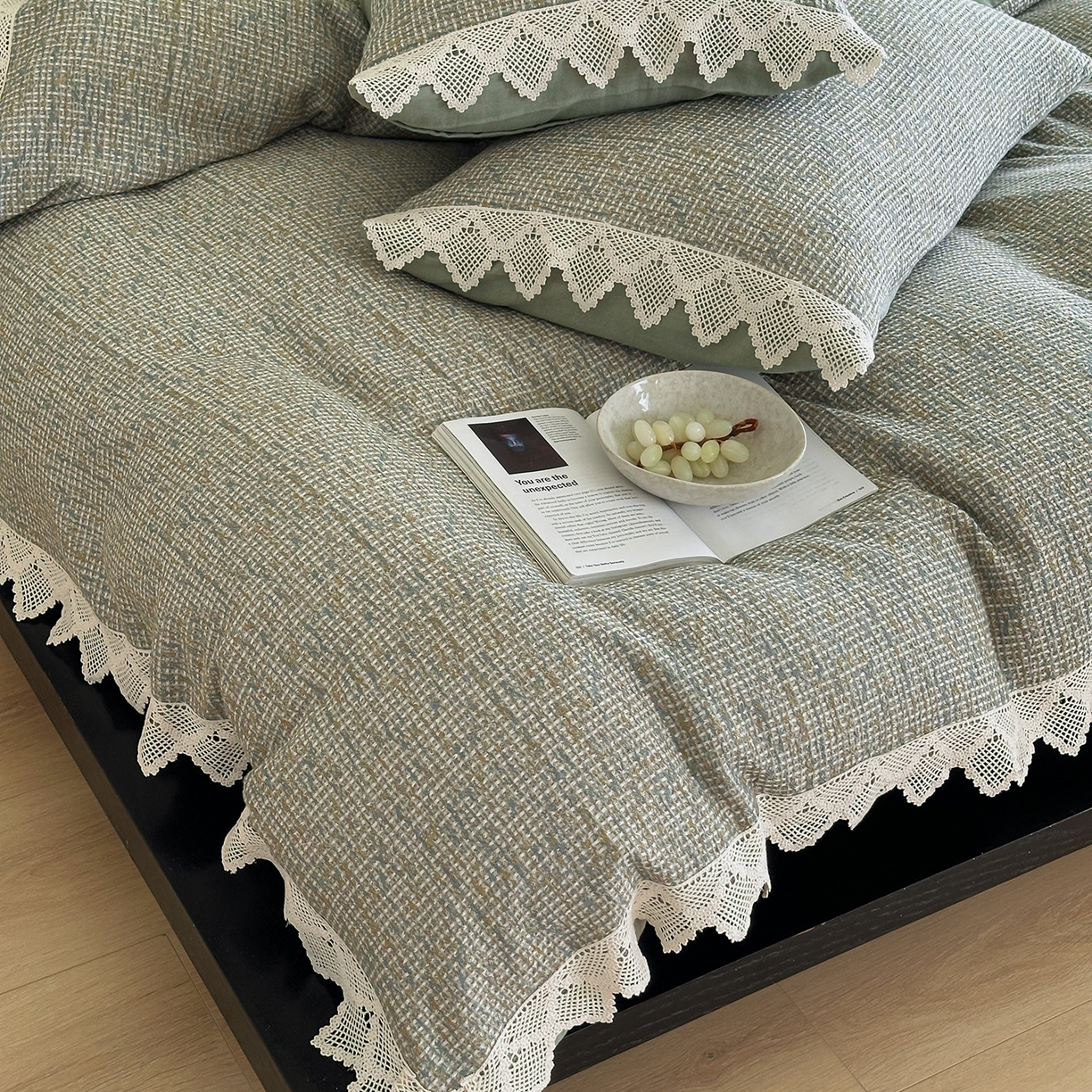 91家纺网 家纺一手货源 找家纺 月夏 2025新款全棉色织华夫格四件套 绿色